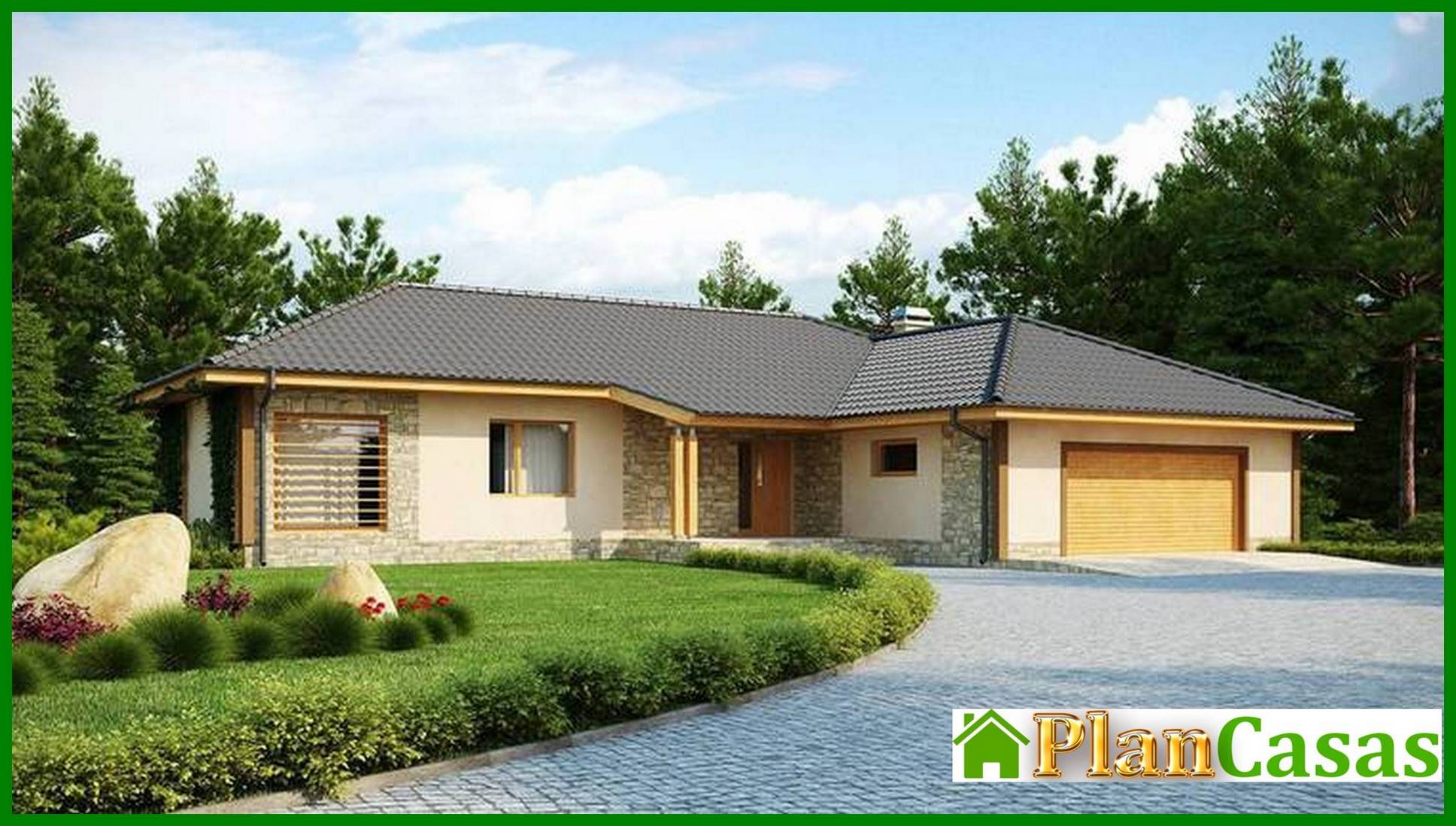 Visualization gallery - One-storey house project with a garage for two cars and a four-gable roof