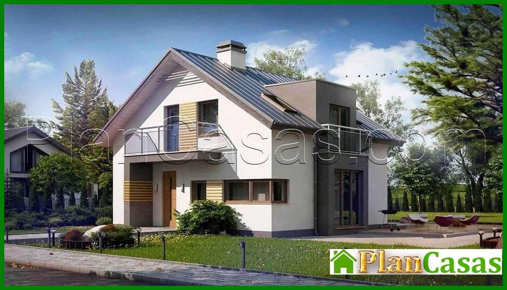 Project of a modern stylish house with a bay window and an unusual balcony house plan